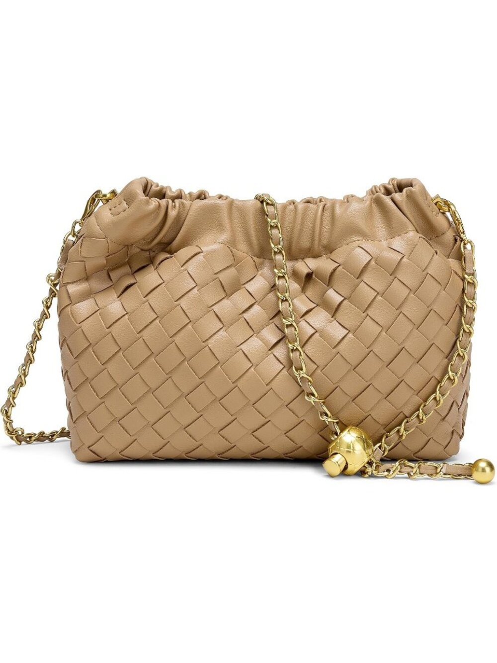 Women Light Brown Gold Woven Dumpling Clutch Purse Trendy Shoulder Crossbody Bag